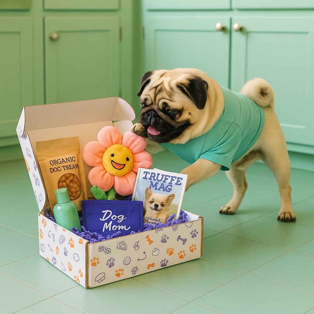 Exemple d'une box cadeau pour chien sur un fond vert coloré avec un chien portant un gilet vert assorti