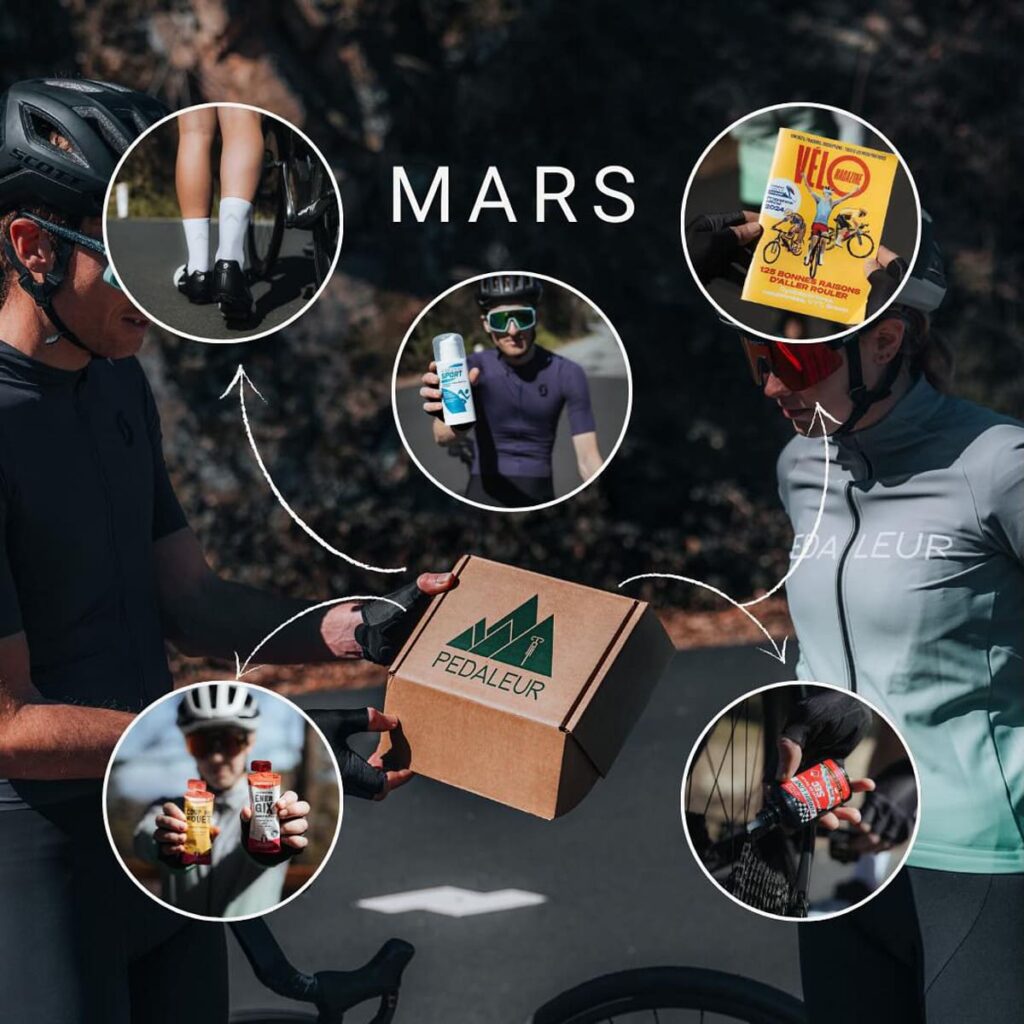 Visuel de type unboxing de la Pédaleur box de mars 2024, avec textile, produits de nutrition et soin, puis accessoire de cyclisme