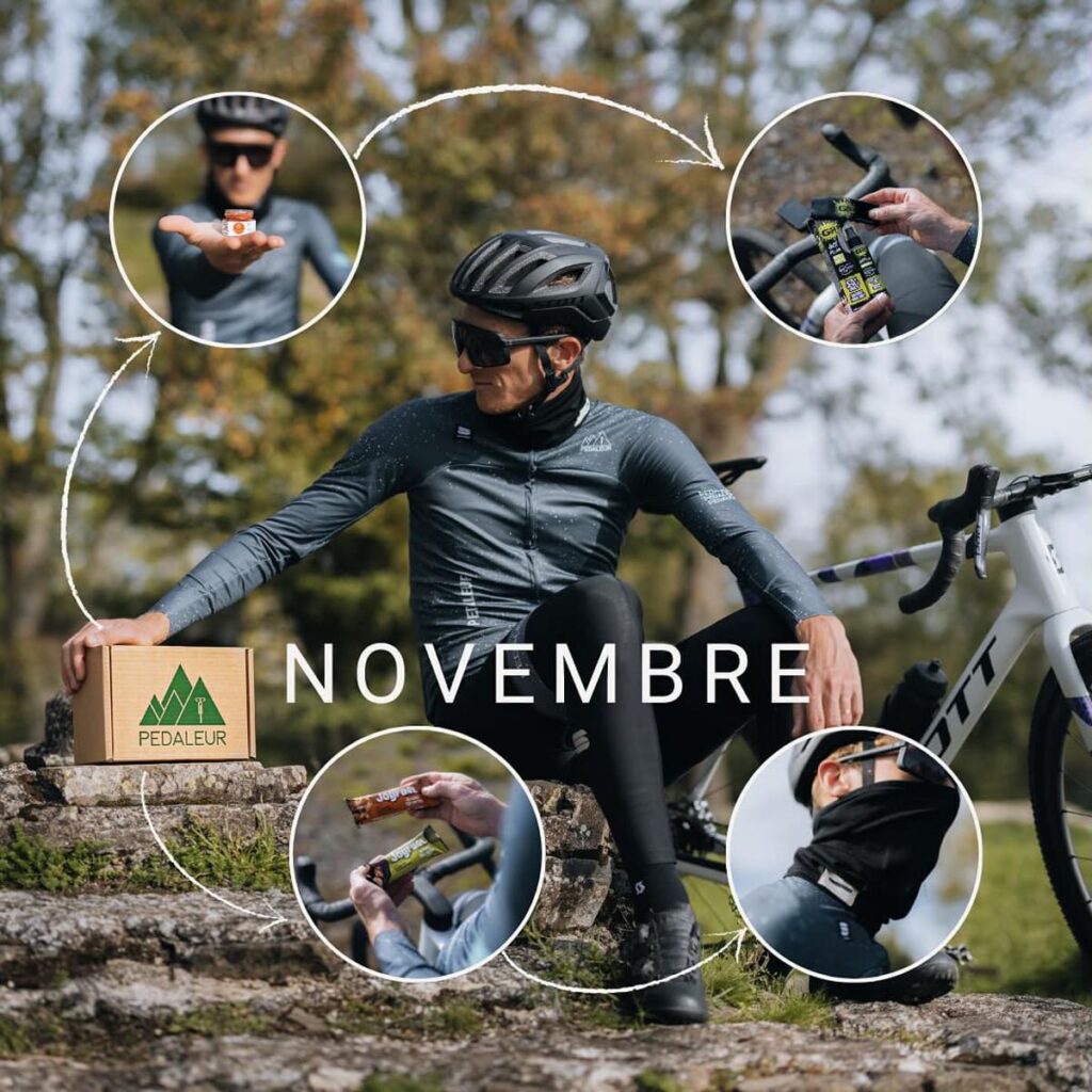 Unboxing de la box de novembre 2024 avec un homme tenant la box devant son vélo