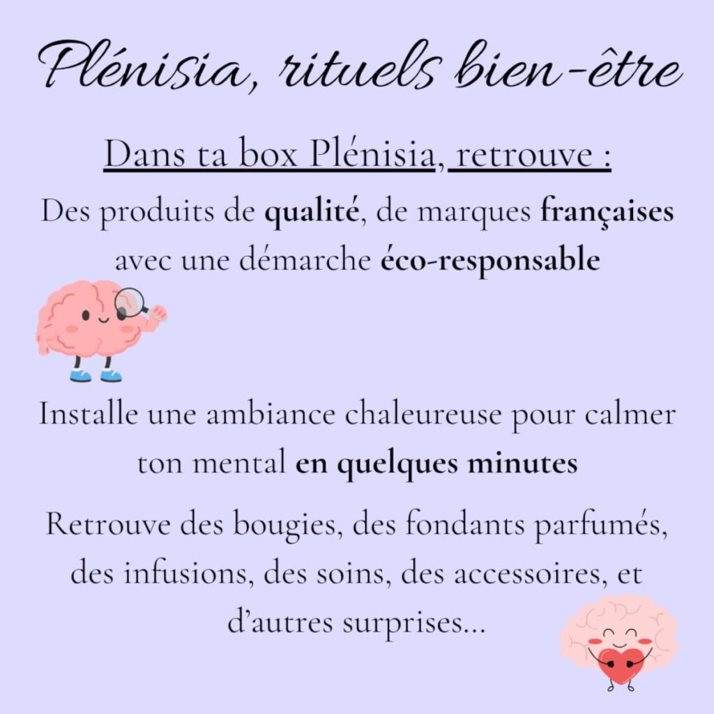 Infographie Plénisia box bien-être présentant des rituels détente avec soins naturels, bougies et infusions