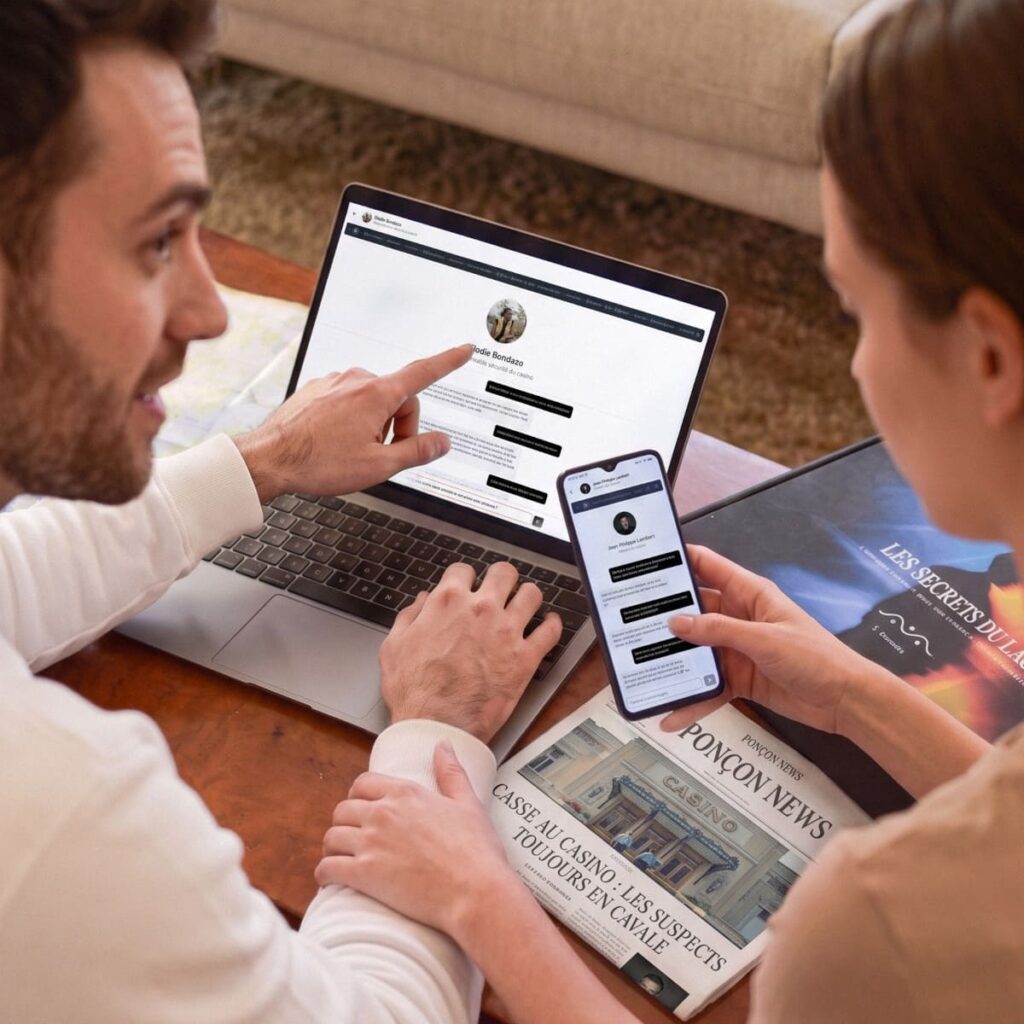 Couple jouant à Deep Detective Les Secrets du Lac avec indices et interrogatoires sur ordinateur et smartphone