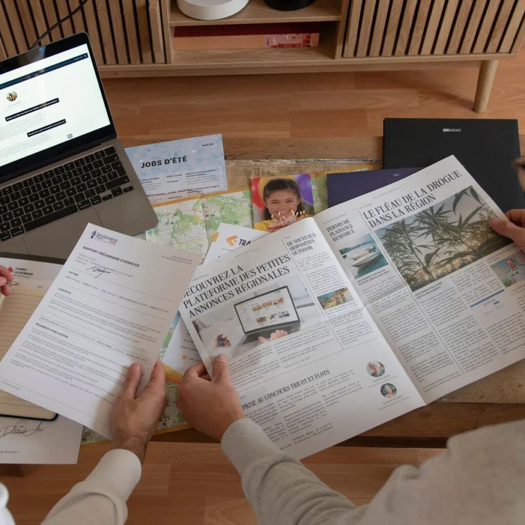 Deux joueurs analysant un rapport de gendarmerie, une carte et des articles de presse pendant leur enquête